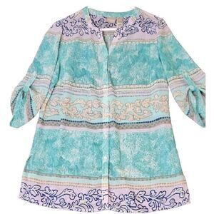 Chico's Poly Semi Sheer Roll Tab 3/4 Sleeve Button Tunic Top Sz‎ 0 Blue Paisley